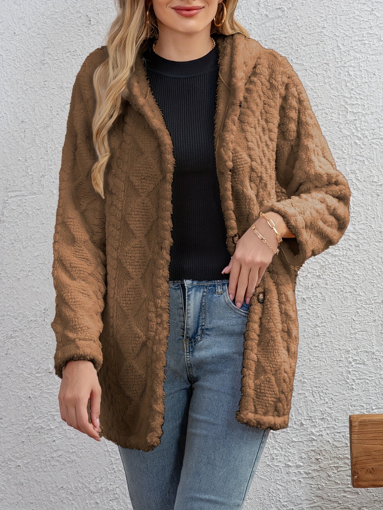 R&B | Fluffy Kapuzenjacke mit Knöpfen Polyester Weich und Warm