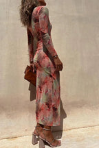 R&B | Charm Lady Mesh Overlay Tie Dye Print Langarm Rüsch Stretch Midi Kleid