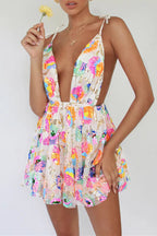 R&B | V-Ausschnitt Offene Rücken Pailletten Blumen Binde A-Linie Mini Kleid