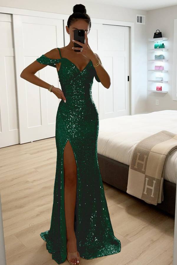 R&B | Paillettenspitze Meerjungfrau Abschlussballkleider mit Schlitz Off-Shoulder Abendkleid