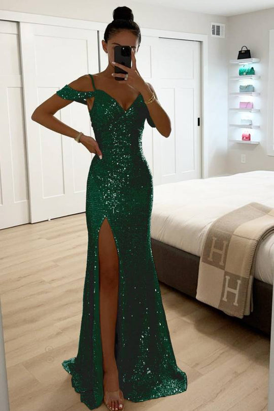 R&B | Paillettenspitze Meerjungfrau Abschlussballkleider mit Schlitz Off-Shoulder Abendkleid