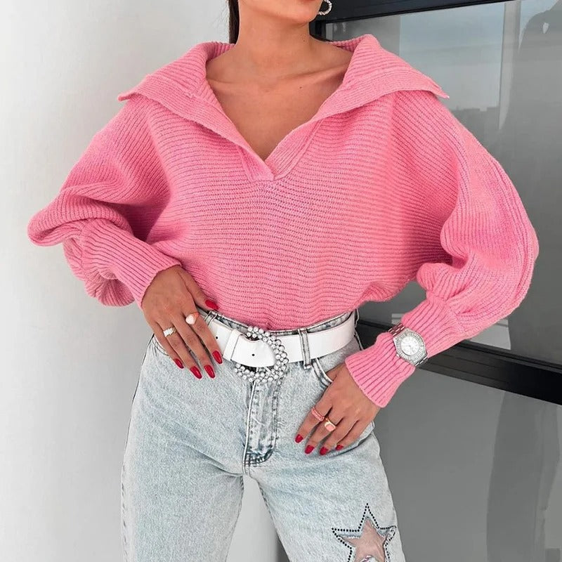 R&B | Strickpullover mit Laternenärmeln und offenem Kragen