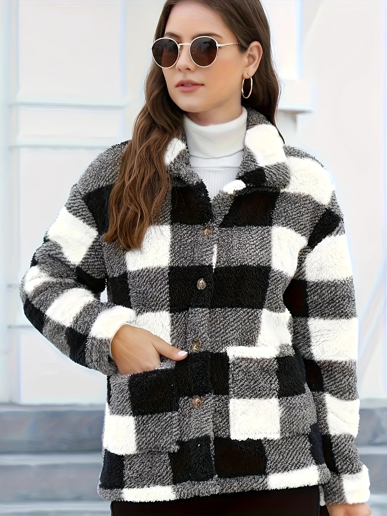 R&B | Gitter Teddyjacke mit Knöpfen und Taschen Polyester Warm und Stilvoll