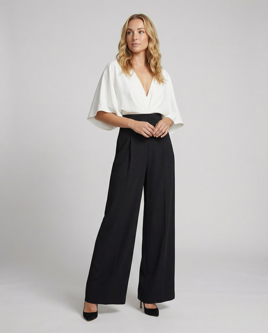 R&B | Britischer Stil Eleganter Farbblock Tasche Kontrast V-Ausschnitt Lockere Jumpsuits