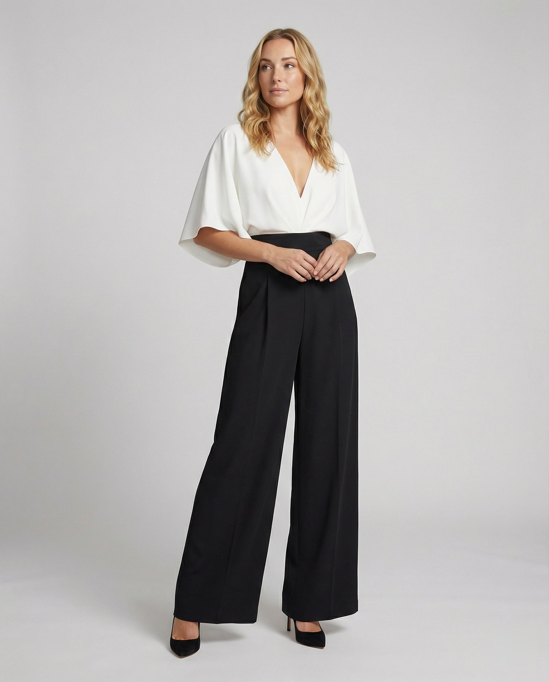 R&B | Britischer Stil Eleganter Farbblock Tasche Kontrast V-Ausschnitt Lockere Jumpsuits