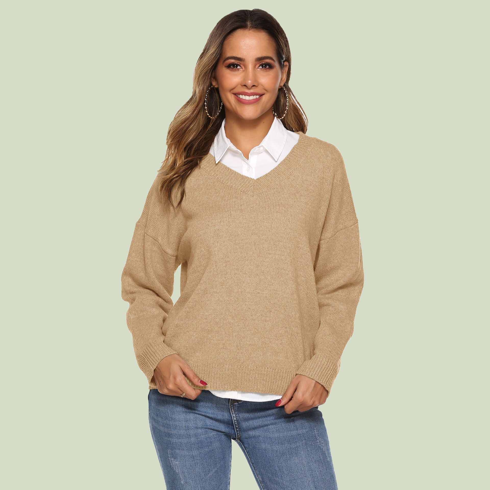R&B | Strickpullover V-Ausschnitt Lockere Passform Lange Ärmel Weich und Bequem
