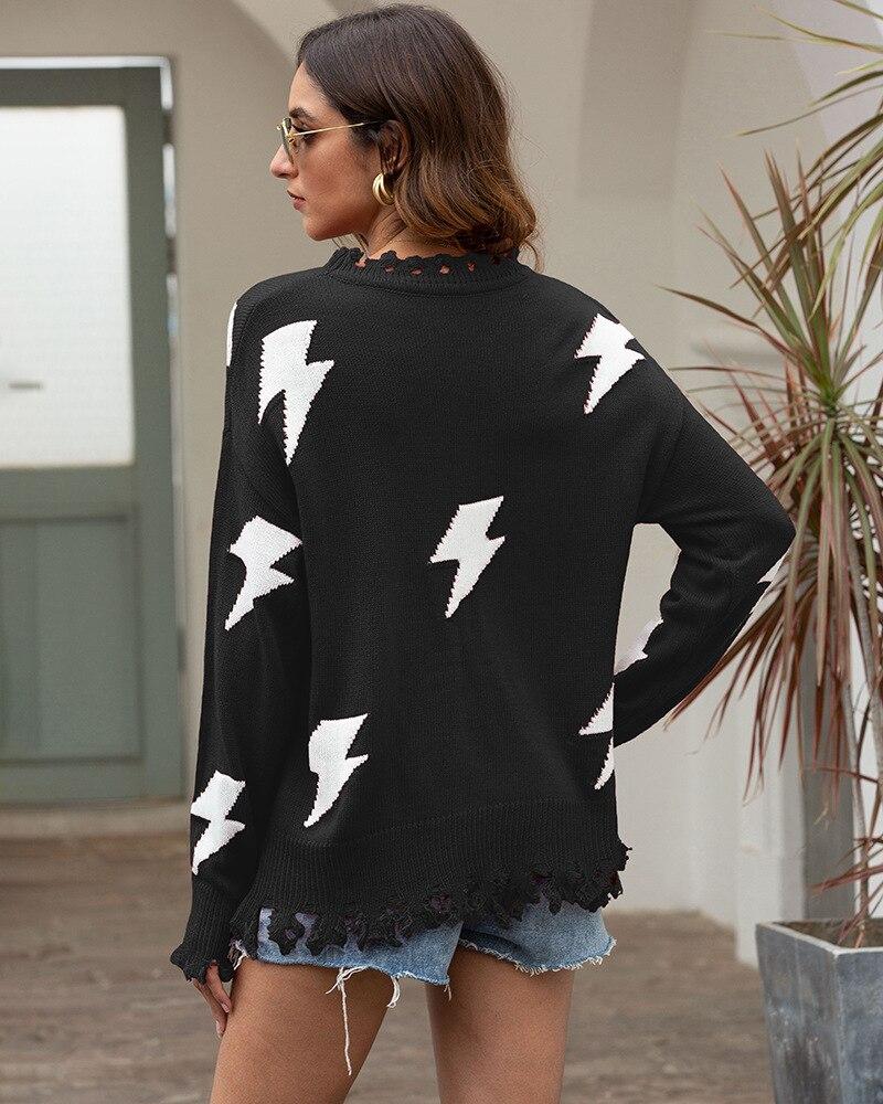 R&B | Strickpullover Lockere Passform Blitzmuster & Fransen Saum