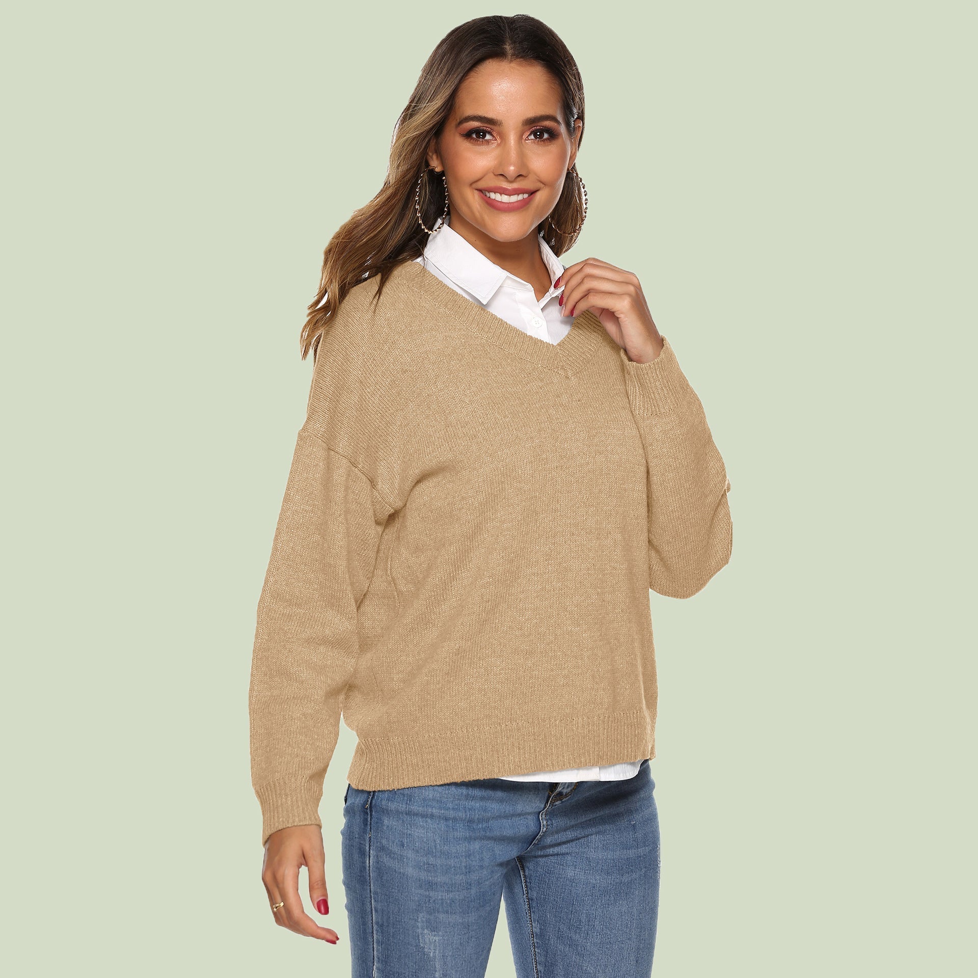 R&B | Strickpullover V-Ausschnitt Lockere Passform Lange Ärmel Weich und Bequem
