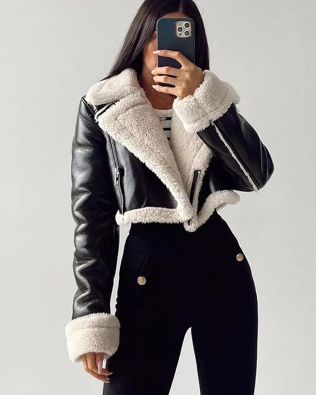 R&B | Kurze Lederjacke mit Teddyfutter