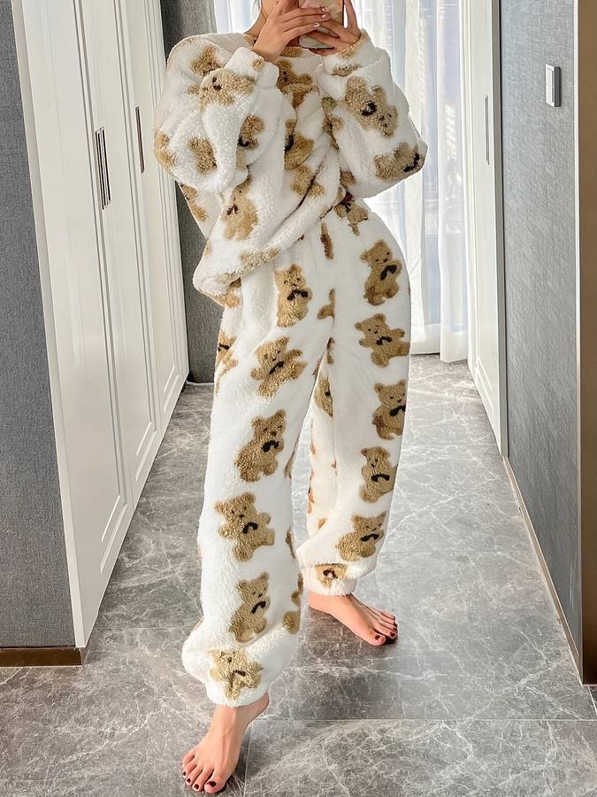 R&B | Bequemes weißes Bärenmotiv Loungewear-Set für Damen