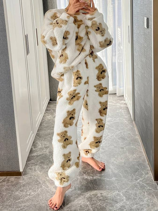 R&B - Bequemes weißes Bärenmotiv Loungewear-Set für Damen