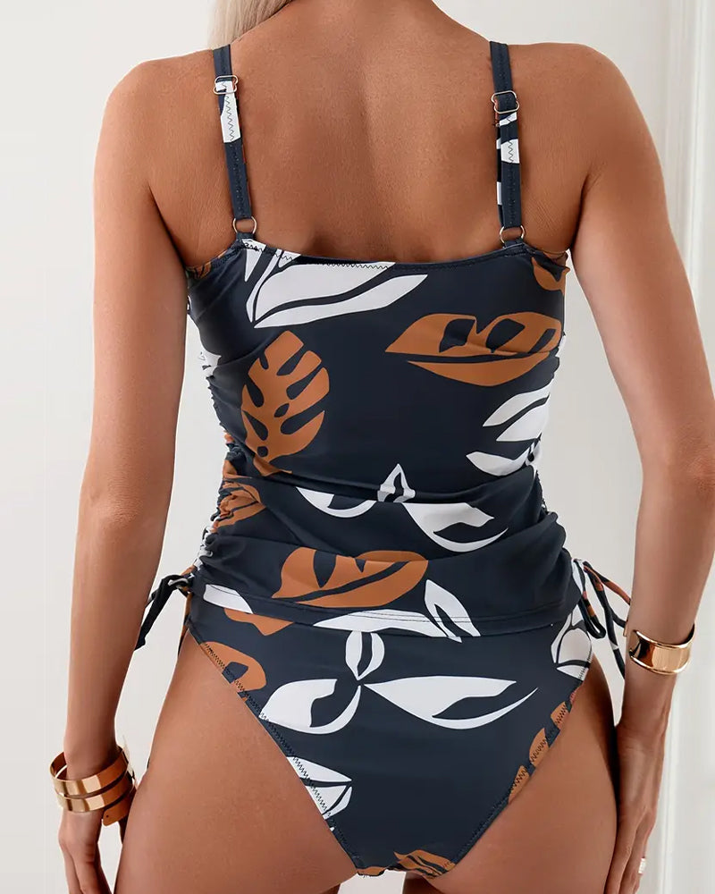 Damen Badeanzug mit Blattmuster & Raffungen | R&B