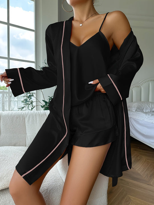 R&B | Einfarbiges Satin V-Ausschnitt Top & Shorts Pyjama-Set Für Damen