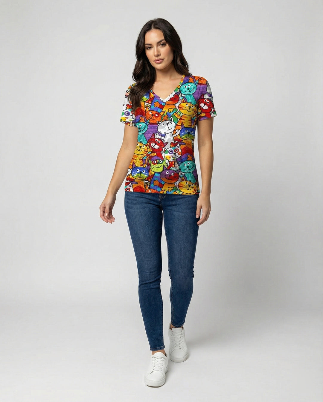R&B | Bequemes T-Shirt Mit Buntem Katzenprint Für Damen