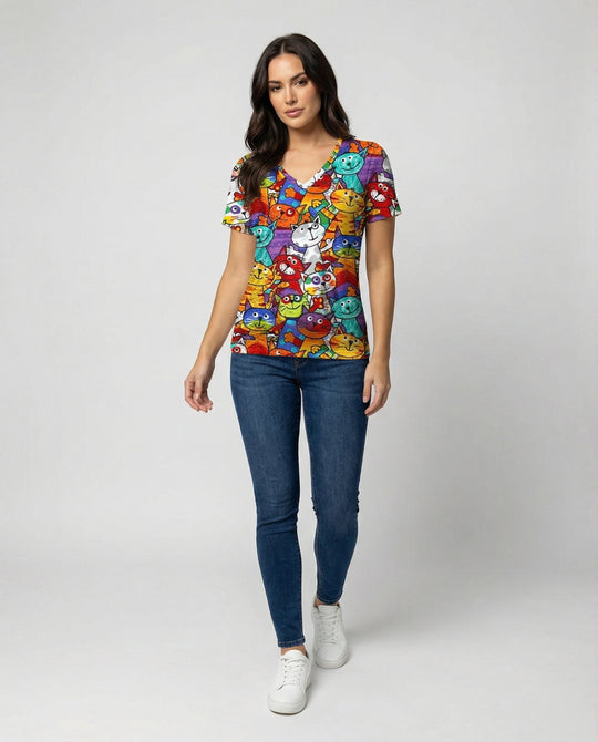 R&B | Bequemes T-Shirt Mit Buntem Katzenprint Für Damen
