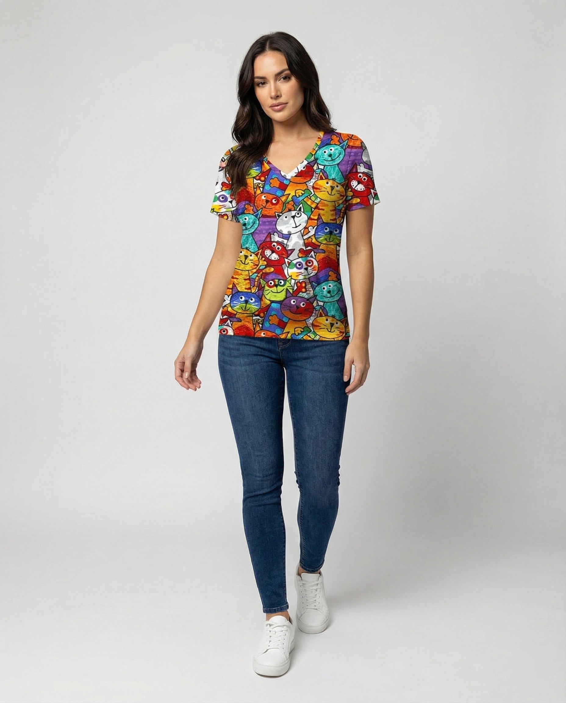 R&B | Bequemes T-Shirt Mit Buntem Katzenprint Für Damen