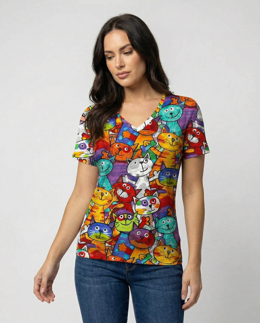 R&B | Bequemes T-Shirt Mit Buntem Katzenprint Für Damen