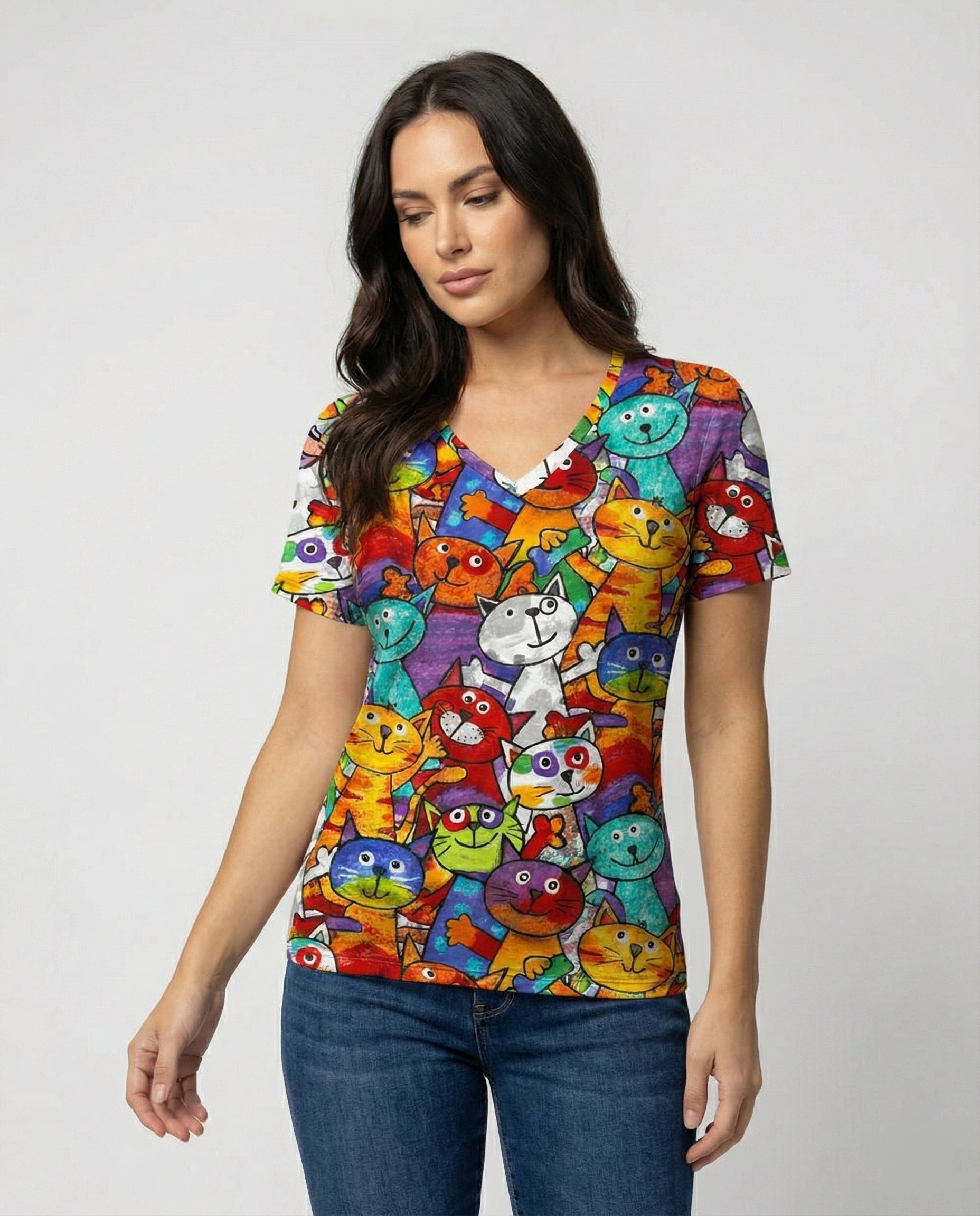 R&B | Bequemes T-Shirt Mit Buntem Katzenprint Für Damen