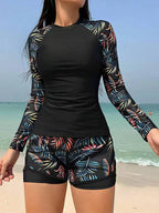 R&B | Langarm Print Spleißen Doppelhose Tankini Badeanzug