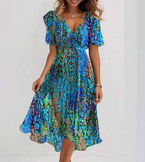 R&B | Blauer Midi Dress Mit Kurzen Ärmeln