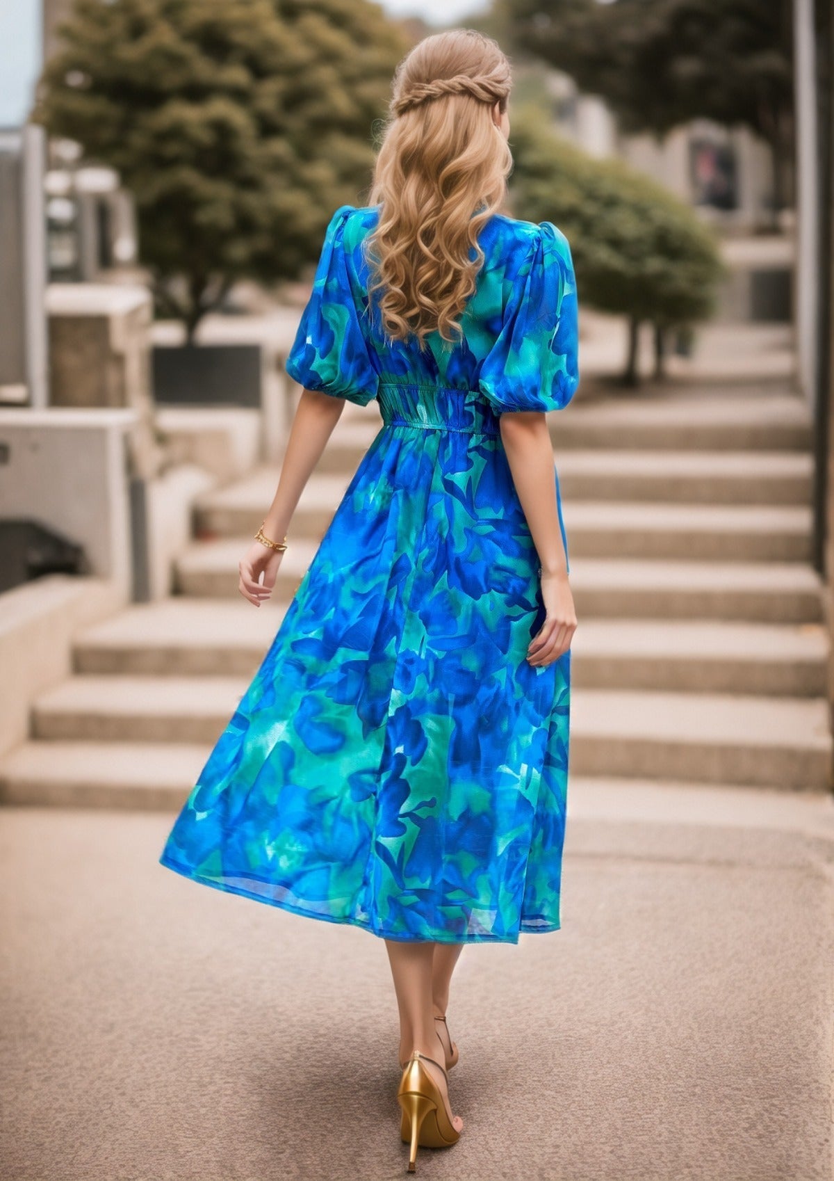 R&B | Bedrucktes Kleid mit V-Ausschnitt in der Taille