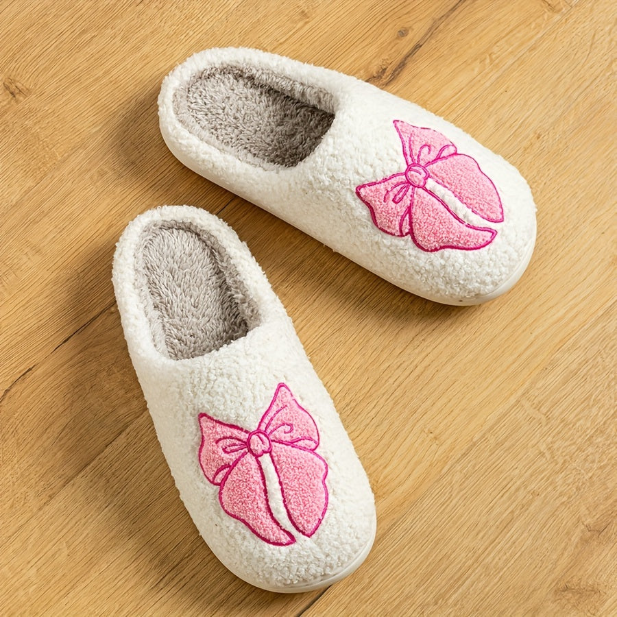 Beige Flauschige Slipper Mit Rosa Schleifenstickerei R&B