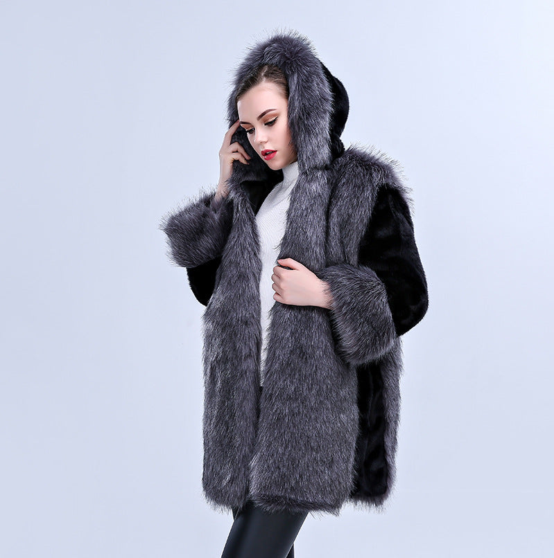 Damen Flauschiger Kunstpelz-Cape mit voluminösem Kragen und seitlichen Taschen R&B