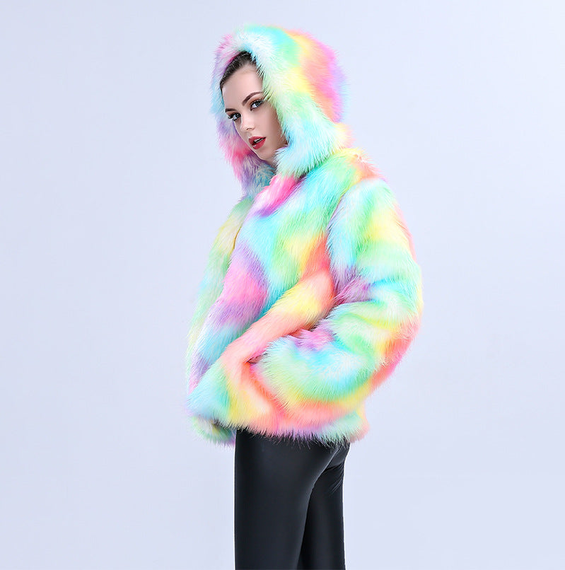 Damen Modische Kunstpelzjacke mit Kapuze und buntem Farbverlauf R&B