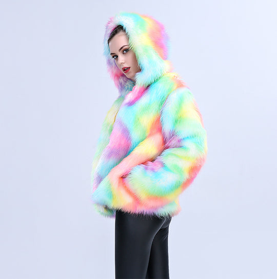 Damen Modische Kunstpelzjacke mit Kapuze und buntem Farbverlauf R&B