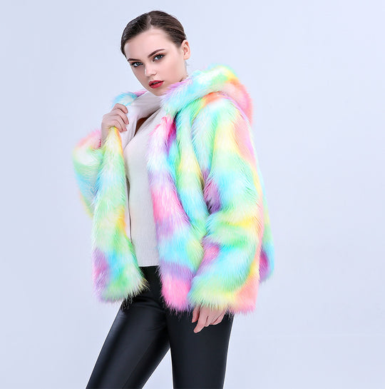 Damen Modische Kunstpelzjacke mit Kapuze und buntem Farbverlauf R&B