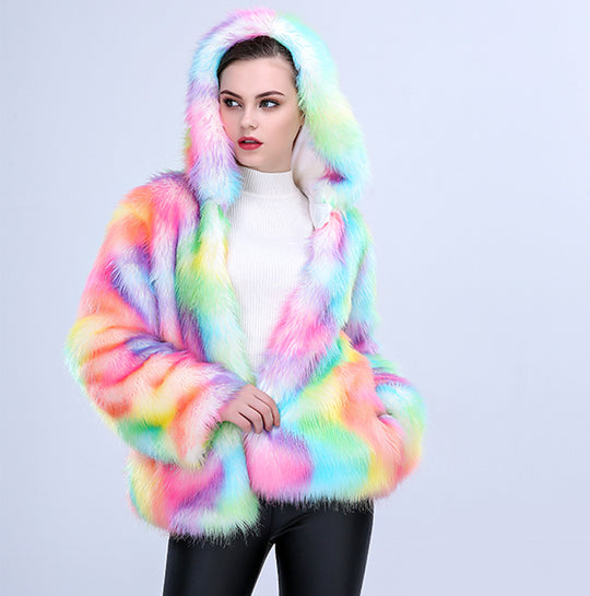 Damen Modische Kunstpelzjacke mit Kapuze und buntem Farbverlauf R&B