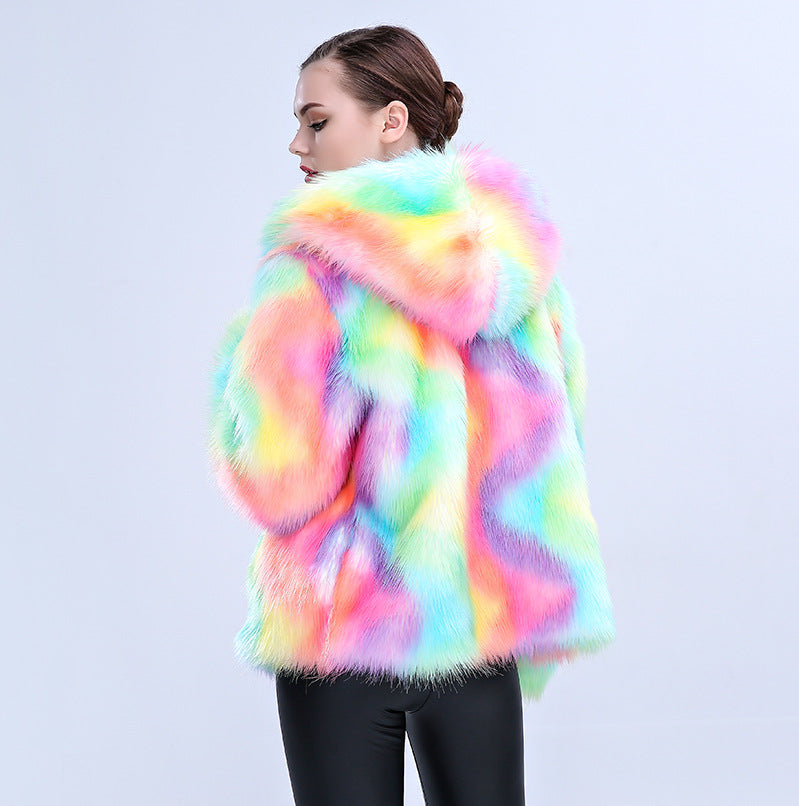 Damen Modische Kunstpelzjacke mit Kapuze und buntem Farbverlauf R&B