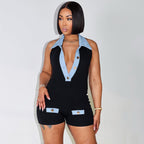R&B | Polokragen Denim kontrastierenden Jumpsuit Shorts