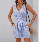 R&B | Einfache ärmellose gestreifte Jumpsuit-Shorts mit V-Ausschnitt