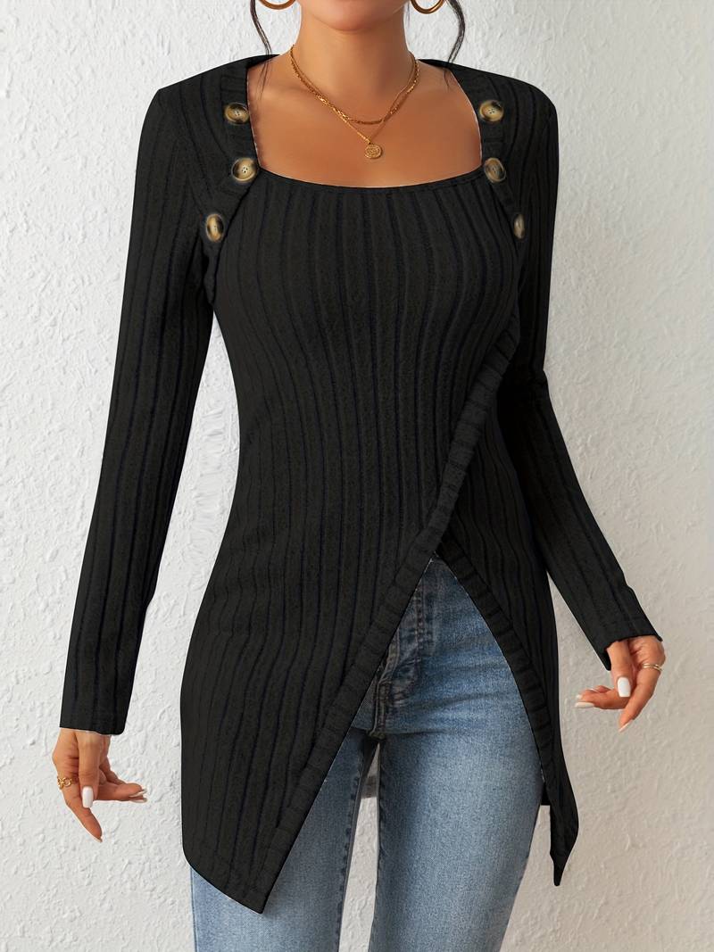 R&B | Quadrat Ausschnitt Pullover mit Langen Ärmeln und Seitlichem Schlitz