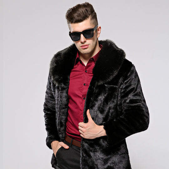 Herren Flauschiger Kunstpelzmantel mit voluminösem Kragen und eleganten Akzenten R&B