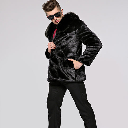 Herren Flauschiger Kunstpelzmantel mit voluminösem Kragen und eleganten Akzenten R&B