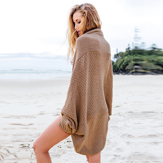 Damen lässige Strickjacke mit offenen Kanten und voluminösen Ärmeln R&B