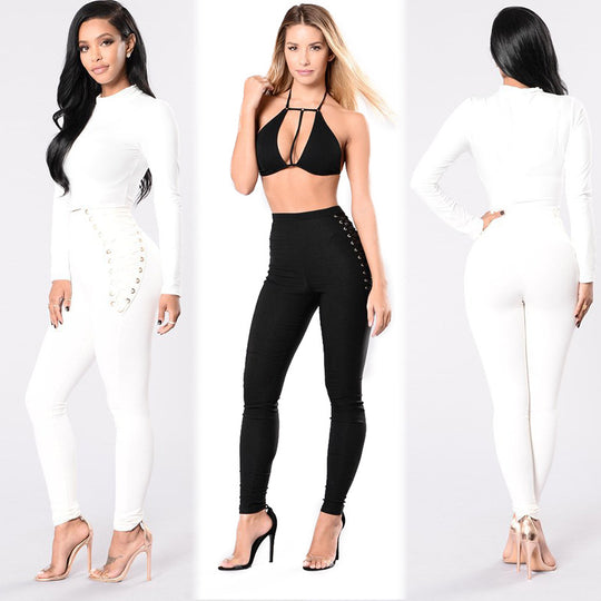 Damen Hochbund-Leggings mit dekorativem Schnürdesign R&B