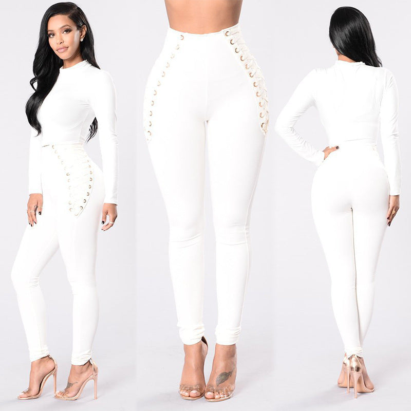 Damen Hochbund-Leggings mit dekorativem Schnürdesign R&B