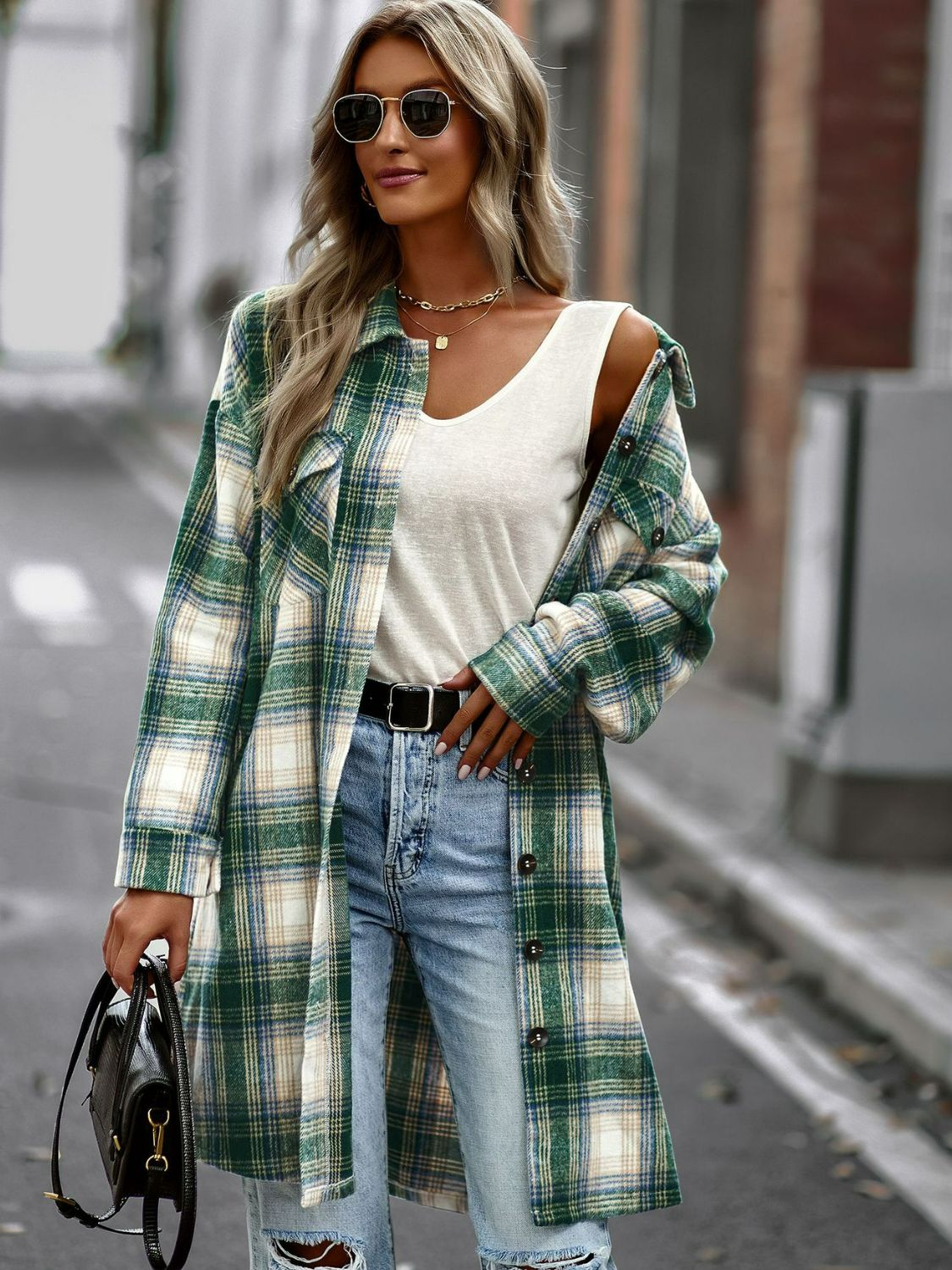 R&B | Karierte Button-Up Longline Jacke mit Taschen