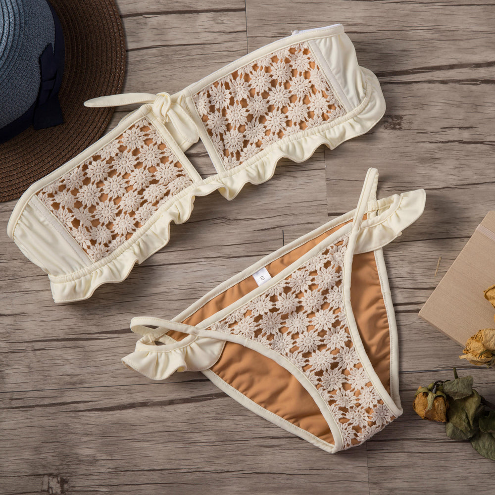 Damen Bikini-Set mit floralen Häkelakzenten und Rüschendetails R&B