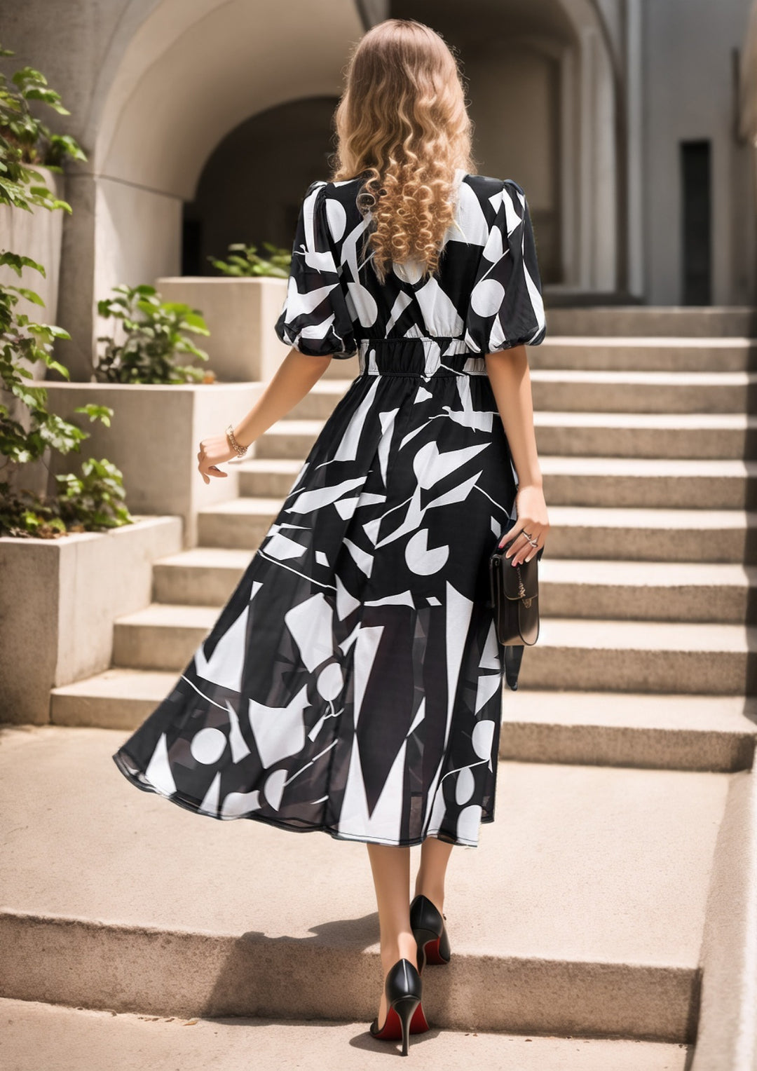 R&B | Bedrucktes Kleid mit V-Ausschnitt in der Taille