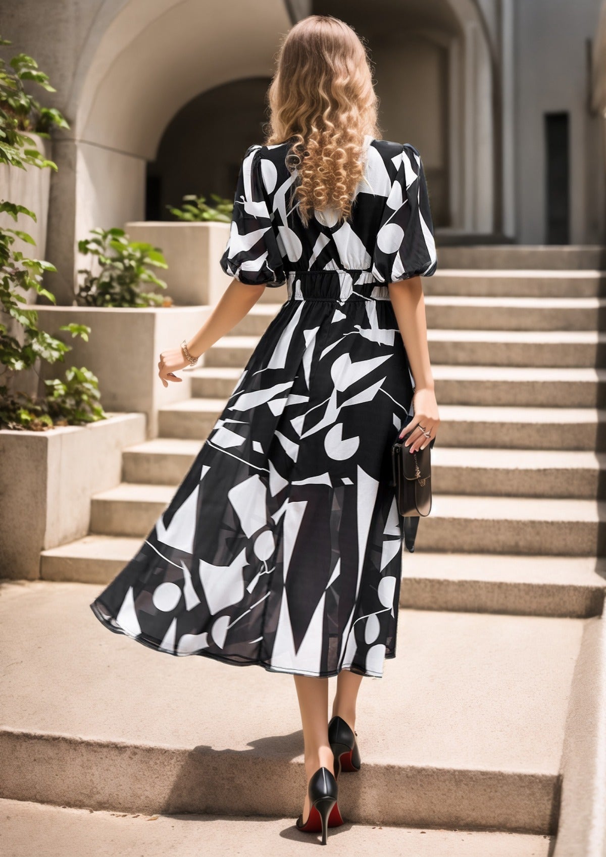 R&B | Bedrucktes Kleid mit V-Ausschnitt in der Taille