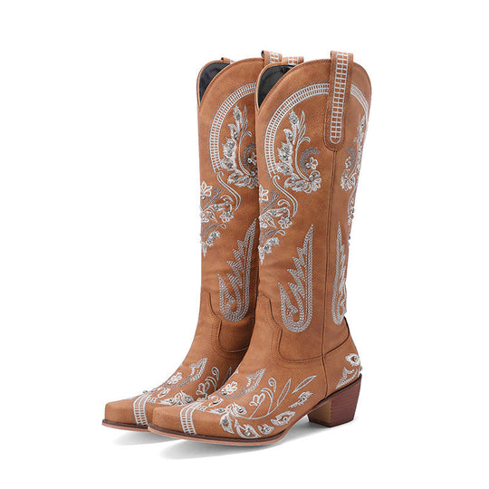R&B | Bestickte Western Denim Retro Damen Knielange Stiefel