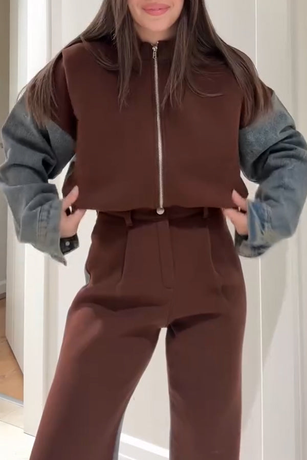 R&B | Lässige Denim-Patchwork-Sweatshirtjacke mit Reißverschluss
