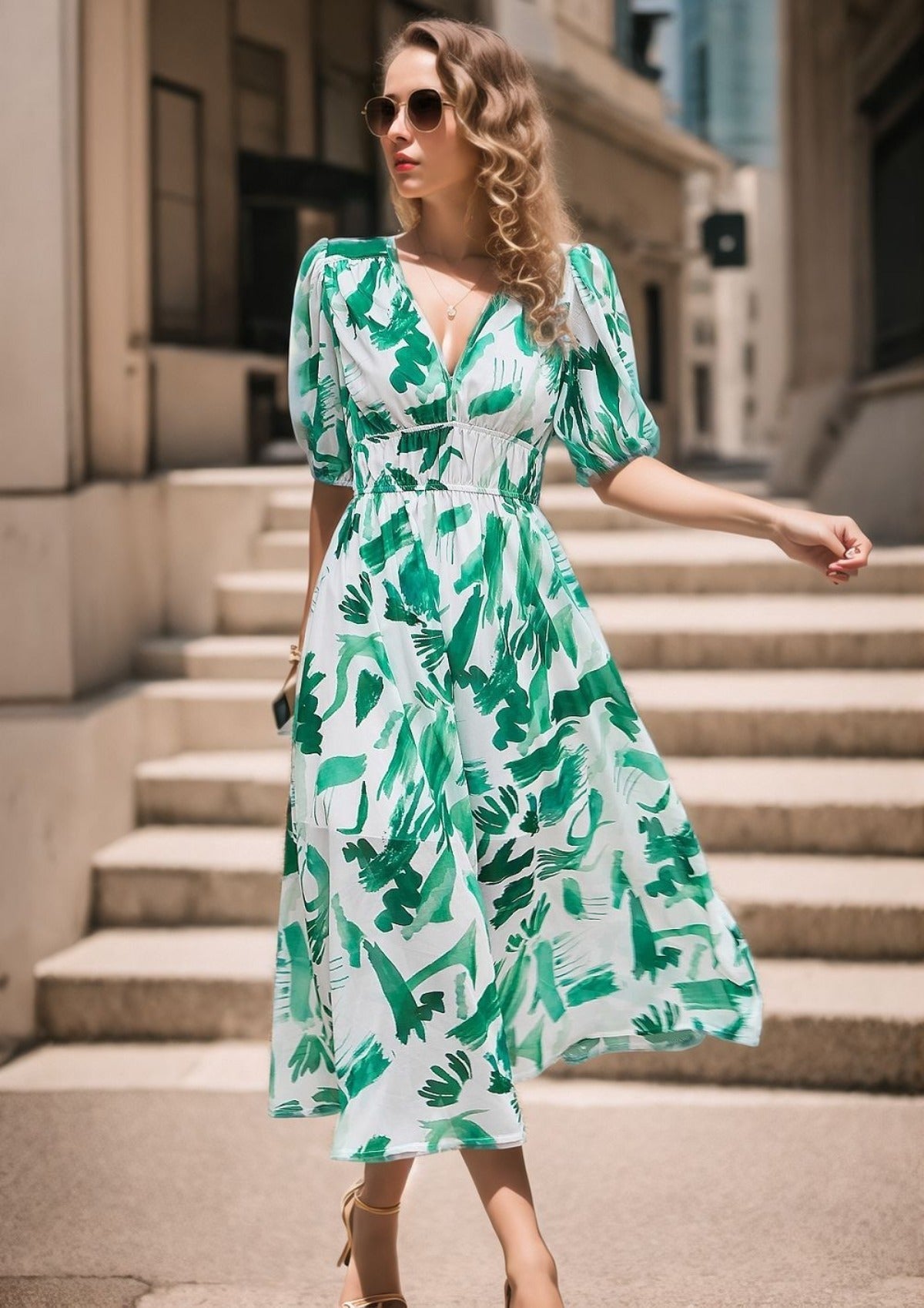 R&B | Bedrucktes Kleid mit V-Ausschnitt in der Taille