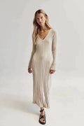 R&B | Bequemes Gestricktes Damen Midi Kleid mit V-Ausschnitt