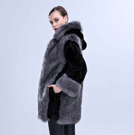 Damen Eleganter Kunstpelz-Mantel mit voluminösem Kragen und seitlichen Taschen R&B