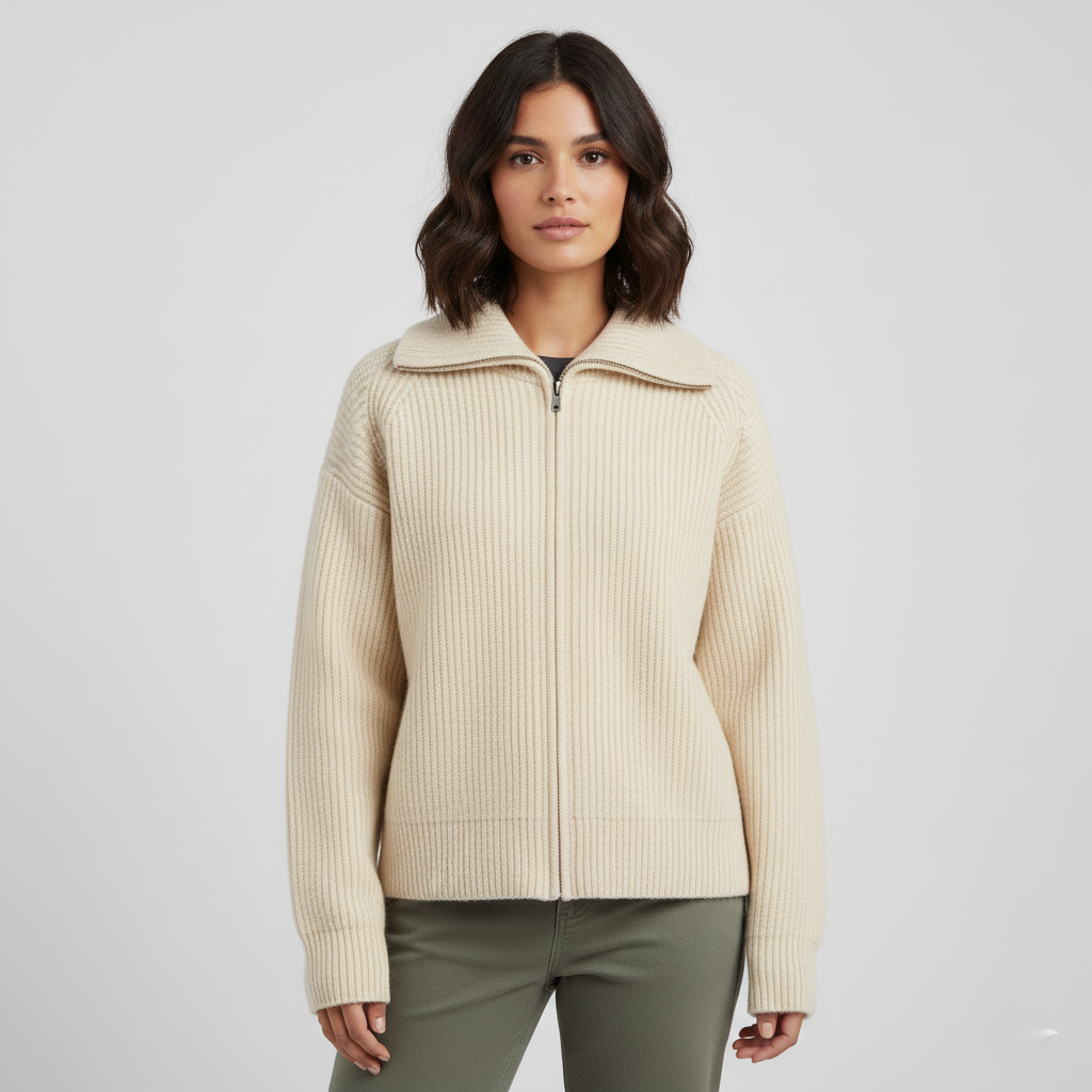 R&B | Strickjacke Passformted Passform Rippstrickwolle Hoher Kragen Reißverschlussverschluss